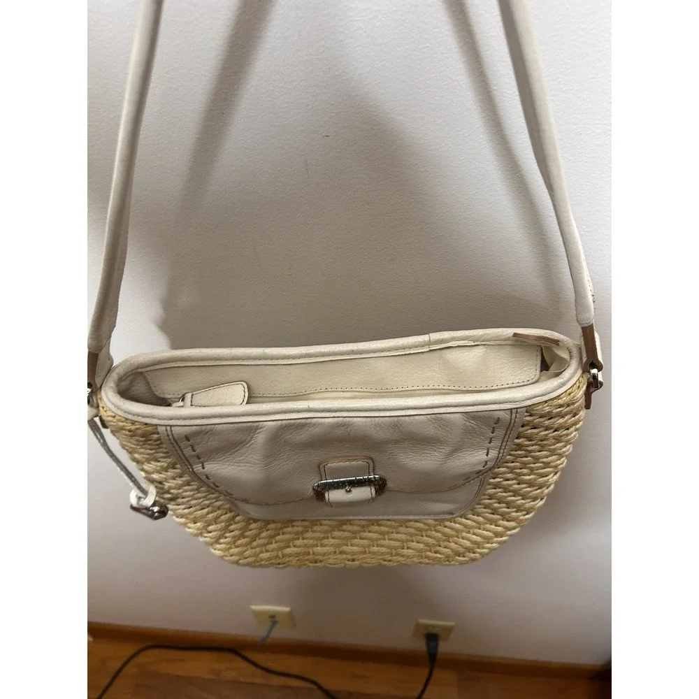 Brighton Woven Straw & Ivory Leather Shoulder Bag Buckle Accent Heart Charm